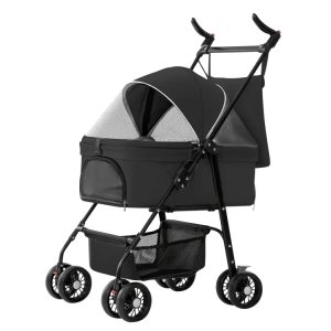 Luxury 4-Wheel Foldable Pet Stroller with Mesh Windows and Storage Basket