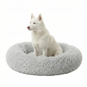 Premium Self Warming Shag Fur Calming Donut Dog Bed in Frost