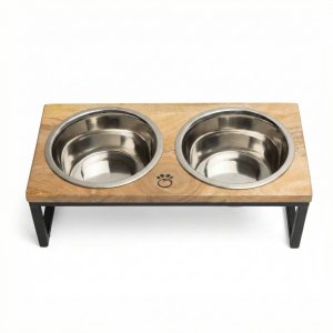 Rustic Industrial Elevated Pet Feeder with Mango Wood and Metal Base