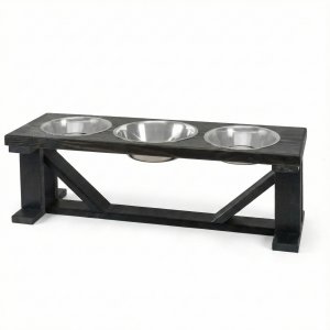 Farmhouse 3-Bowl Elevated Dog Feeder with Stainless Steel Insets - Small Ebony/Black